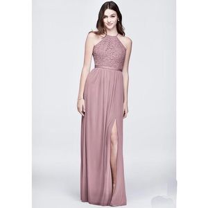 David’s Bridal Quartz/Dusty Rose Halter Floral Lace Dress
